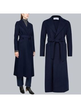 Harris Wharf London Navy Blue Shawl Collar Coat Pressed Wool Belt Large 46 IT